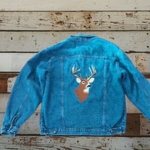 MEN'S ELK CANYON vintage buck Embroidered blue DENIM truckers Jean Jacket  sz XL